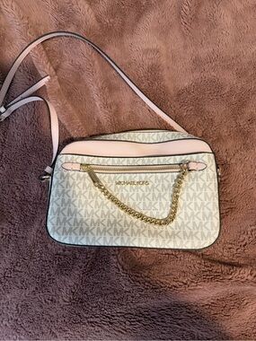 Michael Kors Pink and Cream Logo Crossbody Bag with Gold Chain